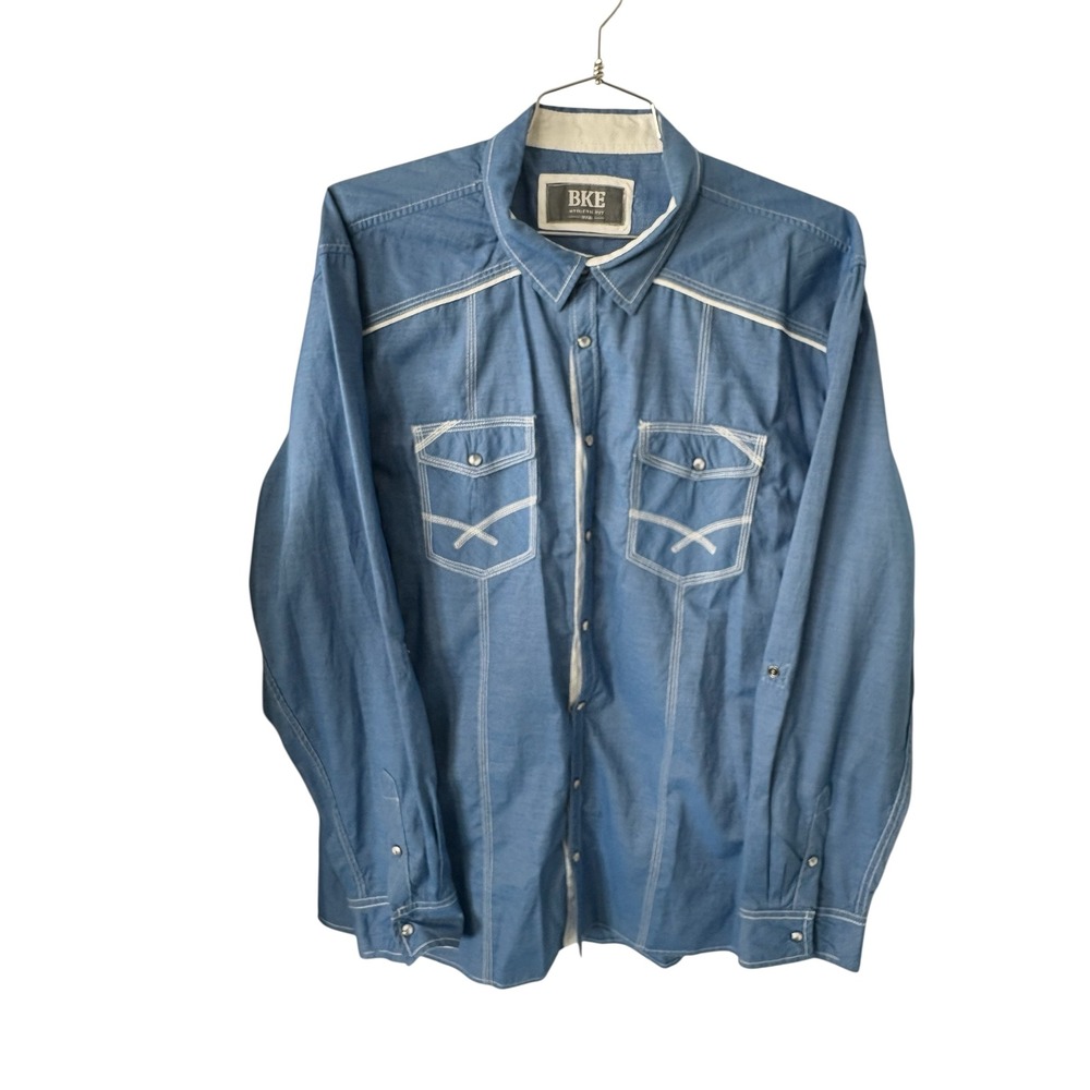BKE Athletic Fit Mens XXXL Chambray Western Shirt‎ Blue Pearl Snap Button Up